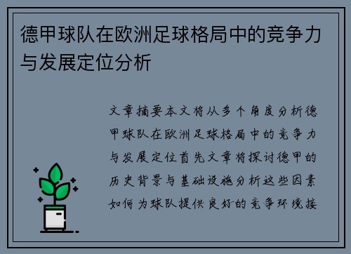 德甲球队在欧洲足球格局中的竞争力与发展定位分析